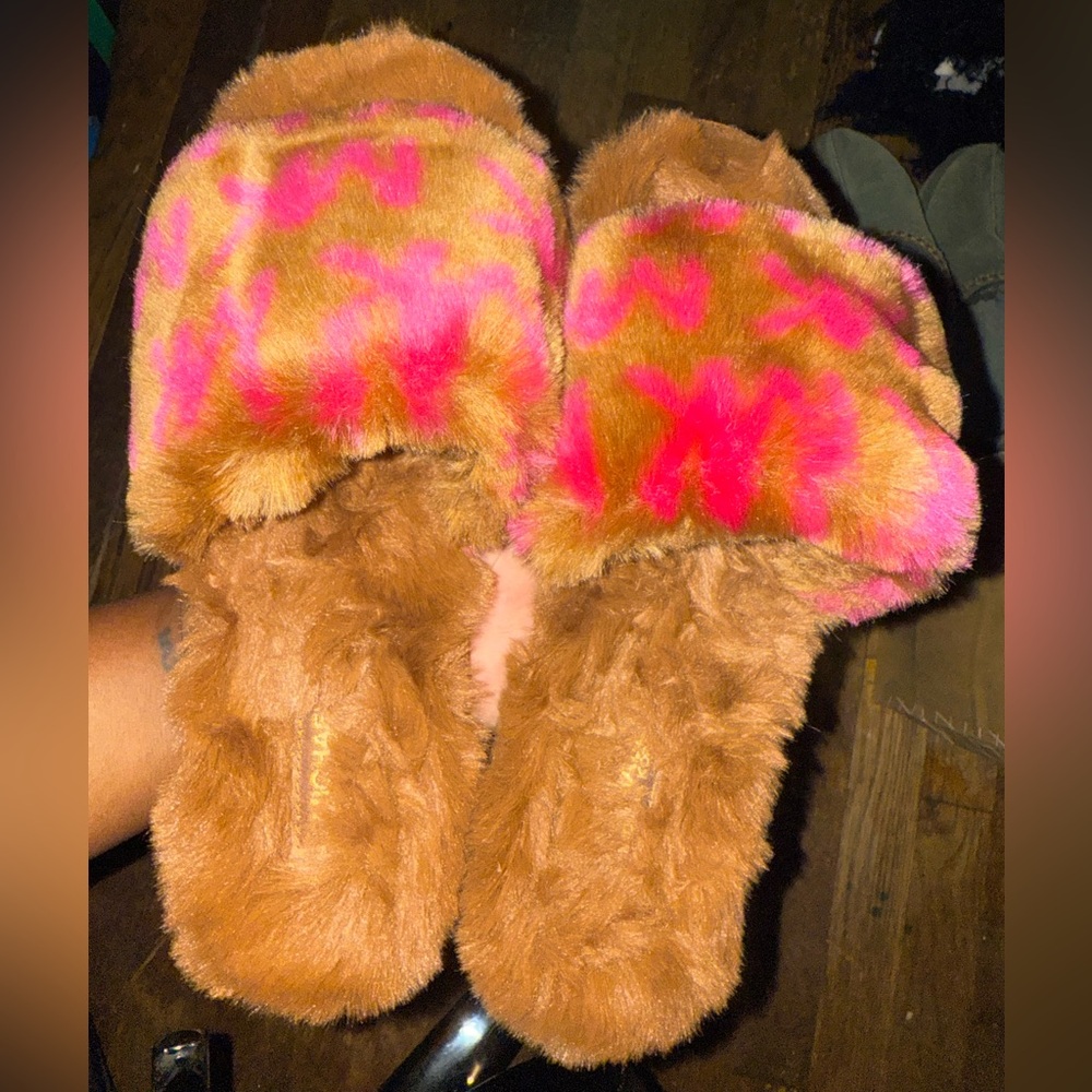 Fuzzy Brown and Pink Slippers
